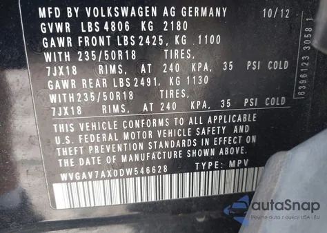 2013 Volkswagen Tiguan Se из США, поврежденный, VIN WVGAV7AX0DW546628